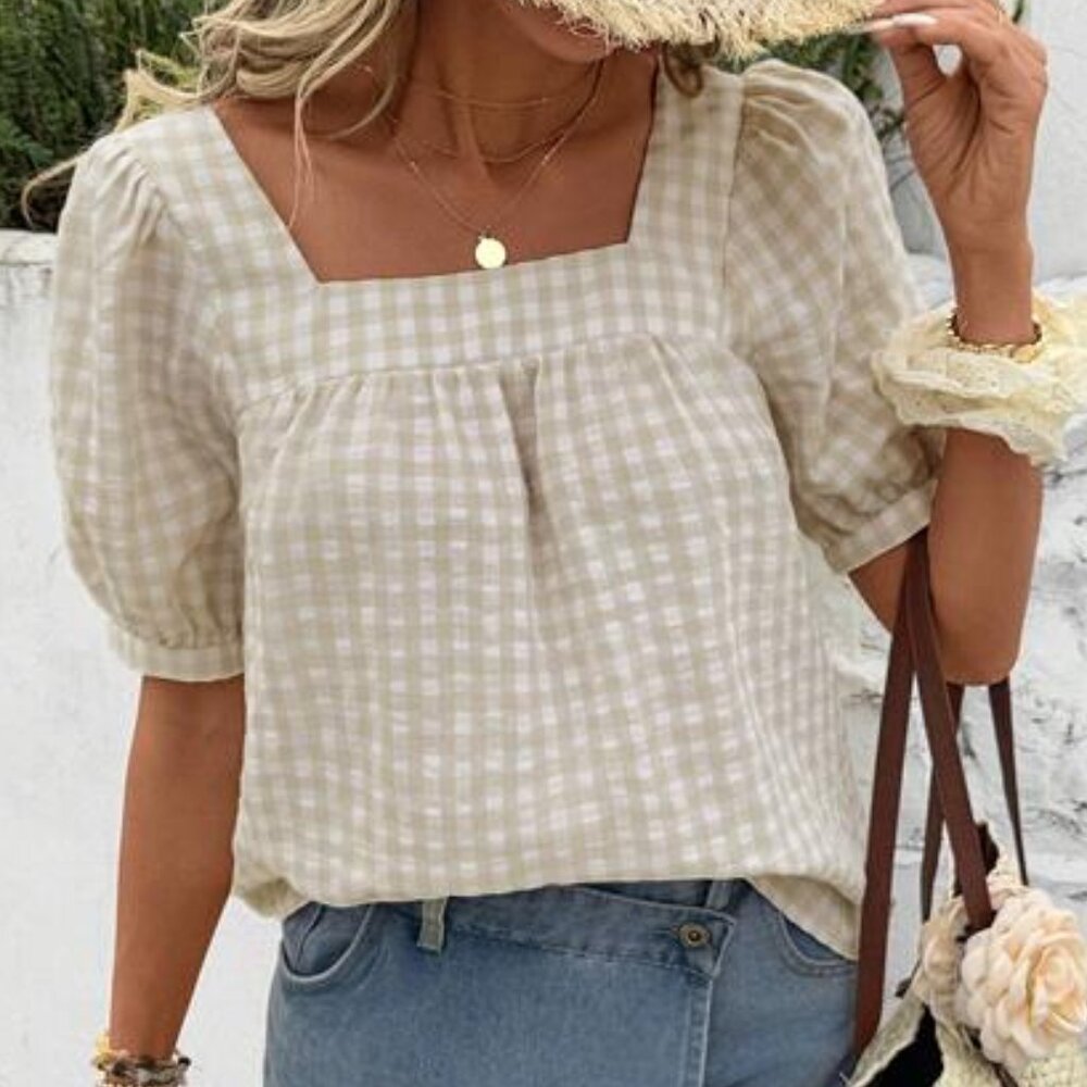 Gingham Plaid Neutral Puff Sleeve Cottagecore Boho Blouse Top